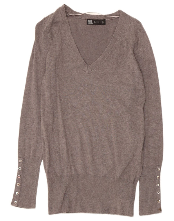 Zara Womens V-Neck Jumper Sweater UK 10 Small Grey Rayon