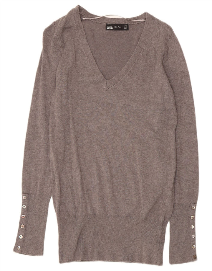 Zara Womens V-Neck Jumper Sweater UK 10 Small Grey Rayon