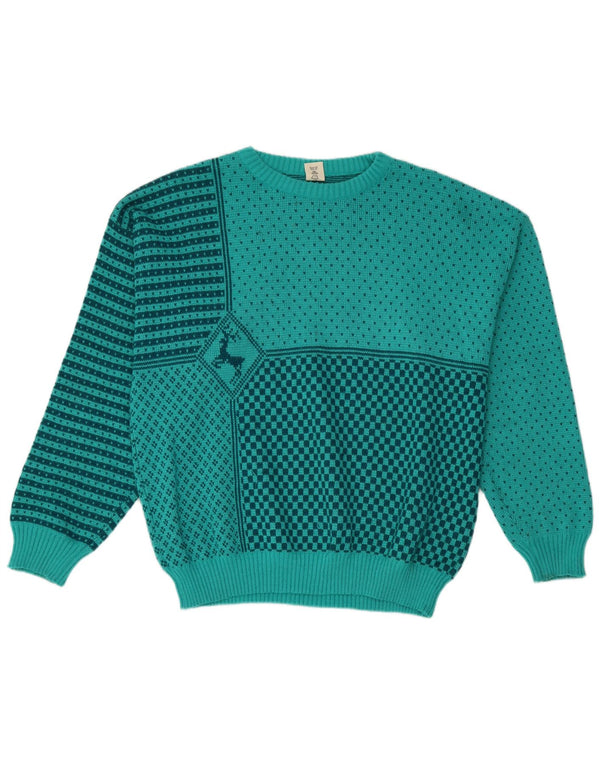C&A Mens Crew Neck Jumper Sweater IT 56/58 XL Turquoise Geometric