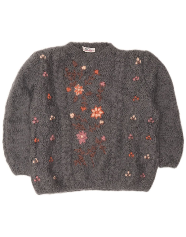 Vintage Womens Oversized Crew Neck Jumper Sweater UK 18 XL Grey Floral