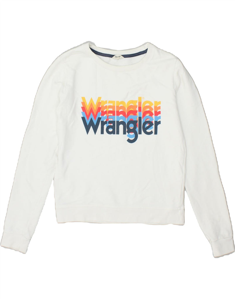 WRANGLER Womens Crop Graphic Sweatshirt Jumper UK 6 XS White Cotton | Vintage Wrangler | Thrift | Second-Hand Wrangler | Used Clothing | Messina Hembry 