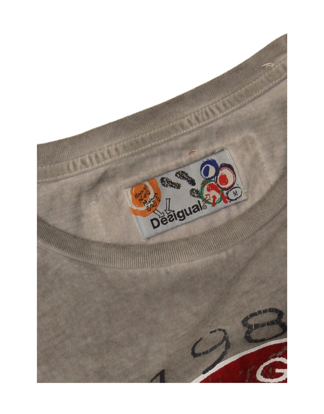 DESIGUAL Mens Graphic T-Shirt Top Medium Grey Cotton