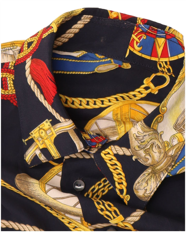 Vintage Mens Abstract Pattern Short Sleeve Shirt Medium Navy Blue