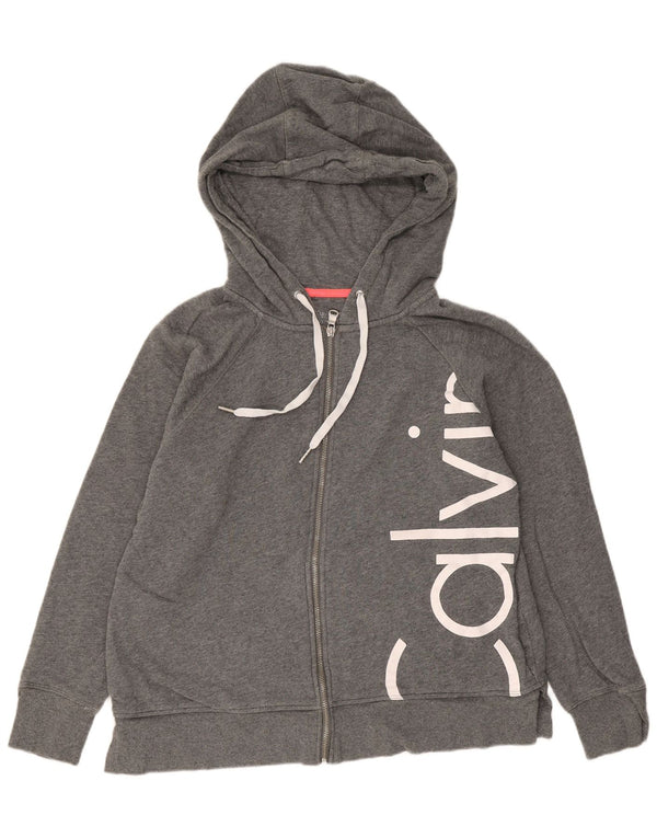 Calvin Klein Womens Graphic Zip Hoodie Sweater UK 16 Large Grey Cotton