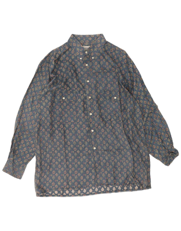 Vintage Mens Abstract Pattern Shirt 2XL Blue Geometric Silk