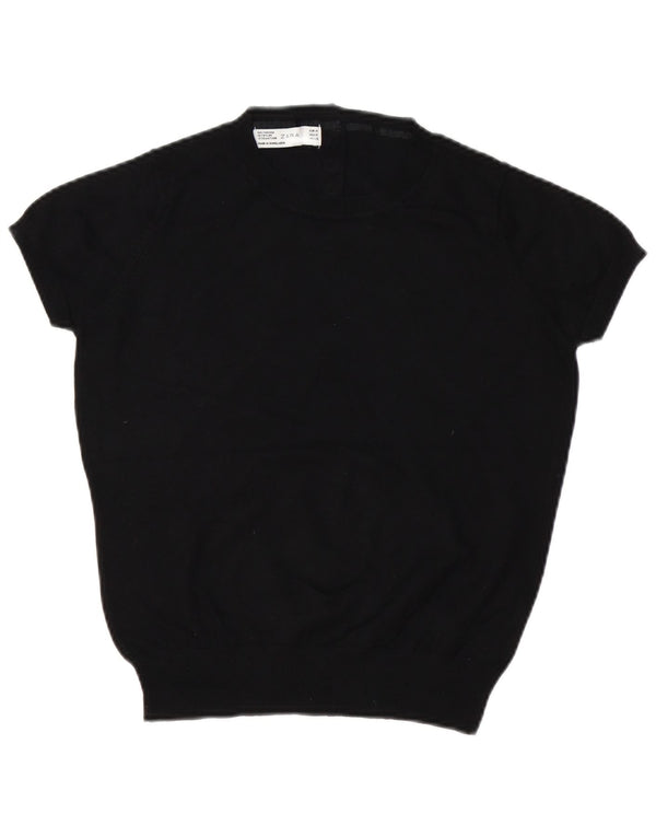 Zara Womens Crop Short Sleeve Crew Neck Jumper Sweater UK 14 Medium Black