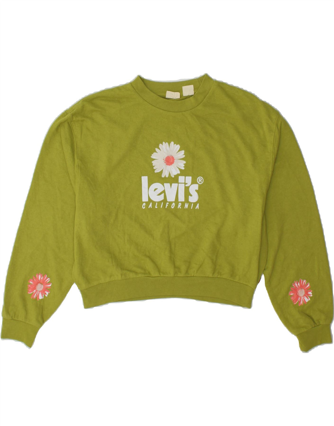 LEVI'S Womens Oversized Crop Sweatshirt Jumper UK 10 Small Green Floral Vintage Levi's and Second-Hand Levi's from Messina Hembry 