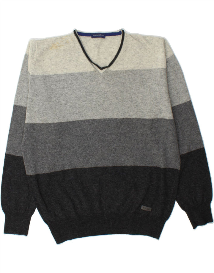 TRUSSARDI JEANS Mens V-Neck Jumper Sweater Large Grey Colourblock Vintage Trussardi Jeans and Second-Hand Trussardi Jeans from Messina Hembry 