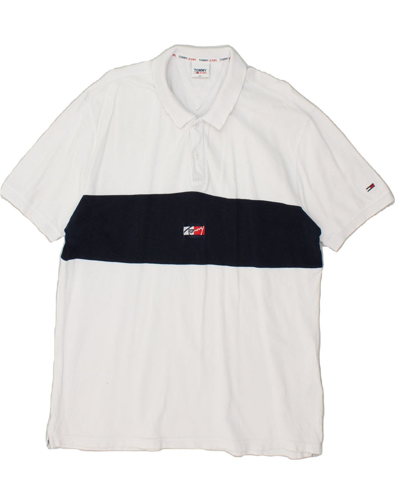 TOMMY HILFIGER Mens Graphic Polo Shirt 2XL White Colourblock Cotton | Vintage Tommy Hilfiger | Thrift | Second-Hand Tommy Hilfiger | Used Clothing | Messina Hembry 