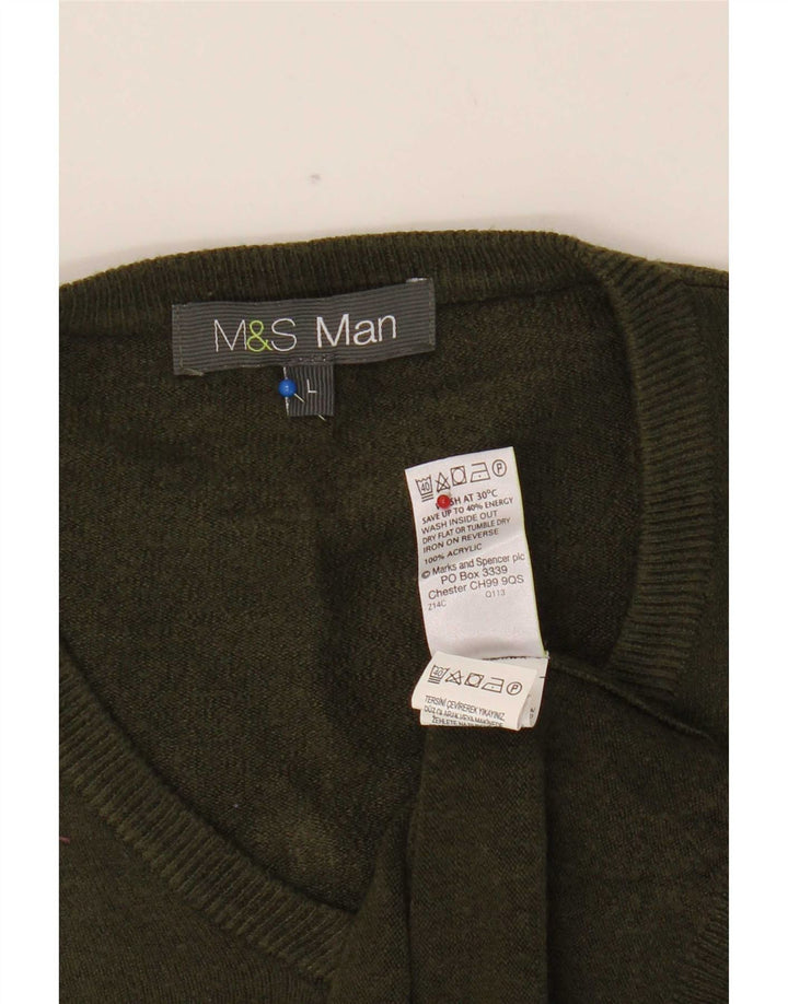 Marks & Spencer Mens V-Neck Jumper Sweater Large Khaki Acrylic