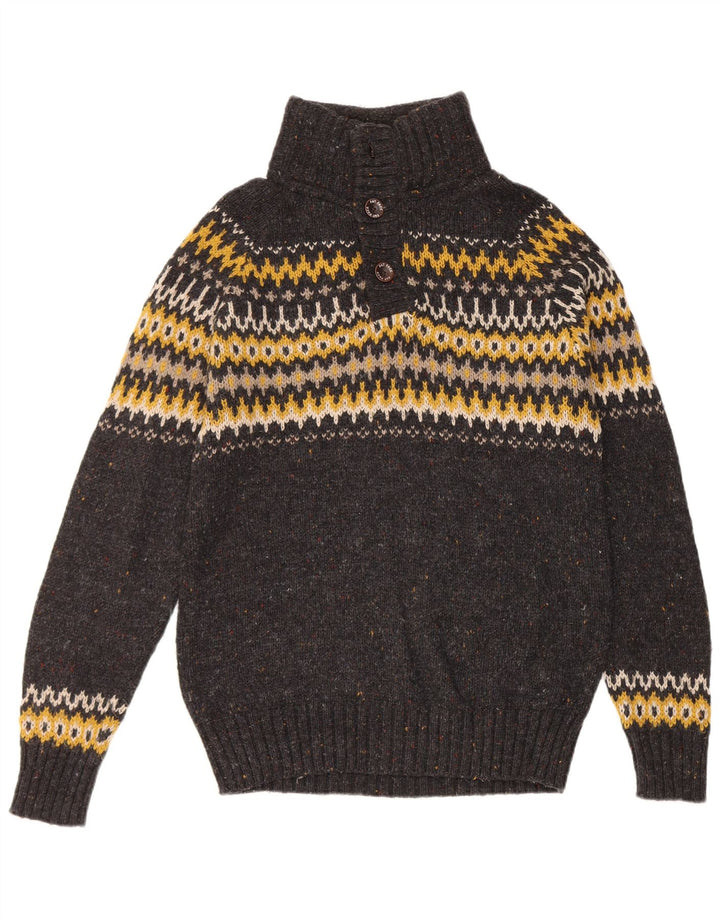 Fat Face Mens Button Neck Jumper Sweater Medium Grey Fair Isle Wool