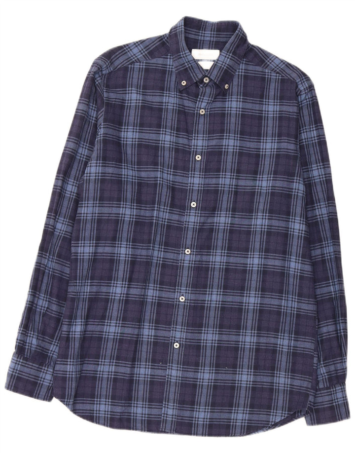 MASSIMO DUTTI Mens Flannel Shirt Medium Navy Blue Check Cotton
