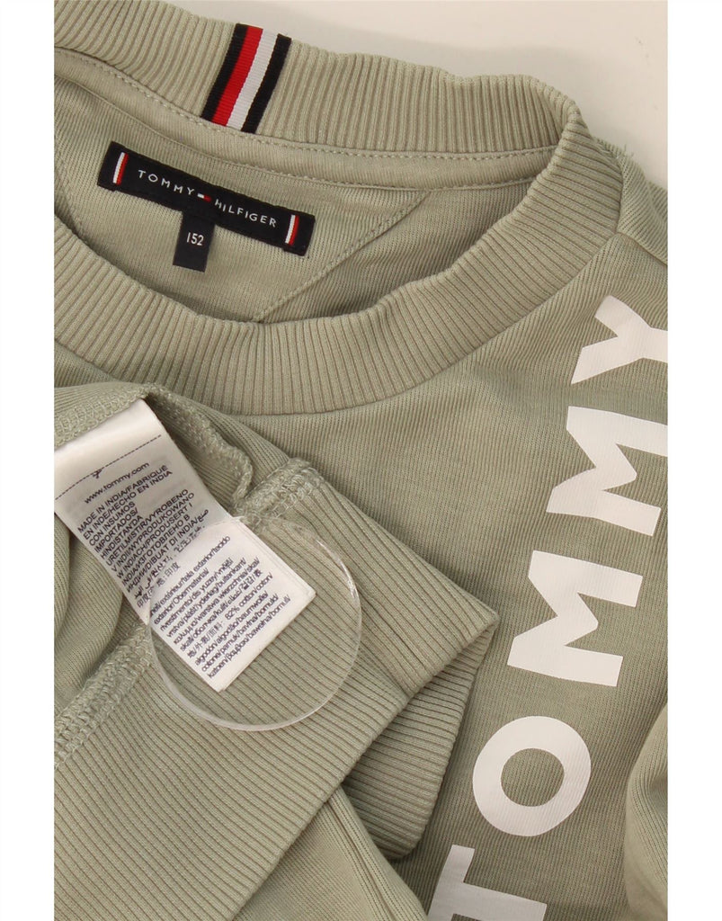 TOMMY HILFIGER Boys Graphic Sweatshirt Jumper 11-12 Years Khaki Cotton Vintage Tommy Hilfiger and Second-Hand Tommy Hilfiger from Messina Hembry 