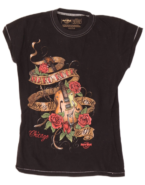 Hard Rock Cafe Womens Chicago Graphic T-Shirt Top UK 8 Small Black Cotton
