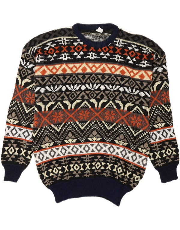 Vintage Mens Crew Neck Jumper Sweater Large Navy Blue Fair Isle Acrylic