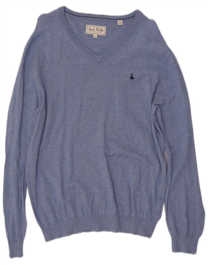 JACK WILLS Mens V-Neck Jumper Sweater XL Blue Cotton