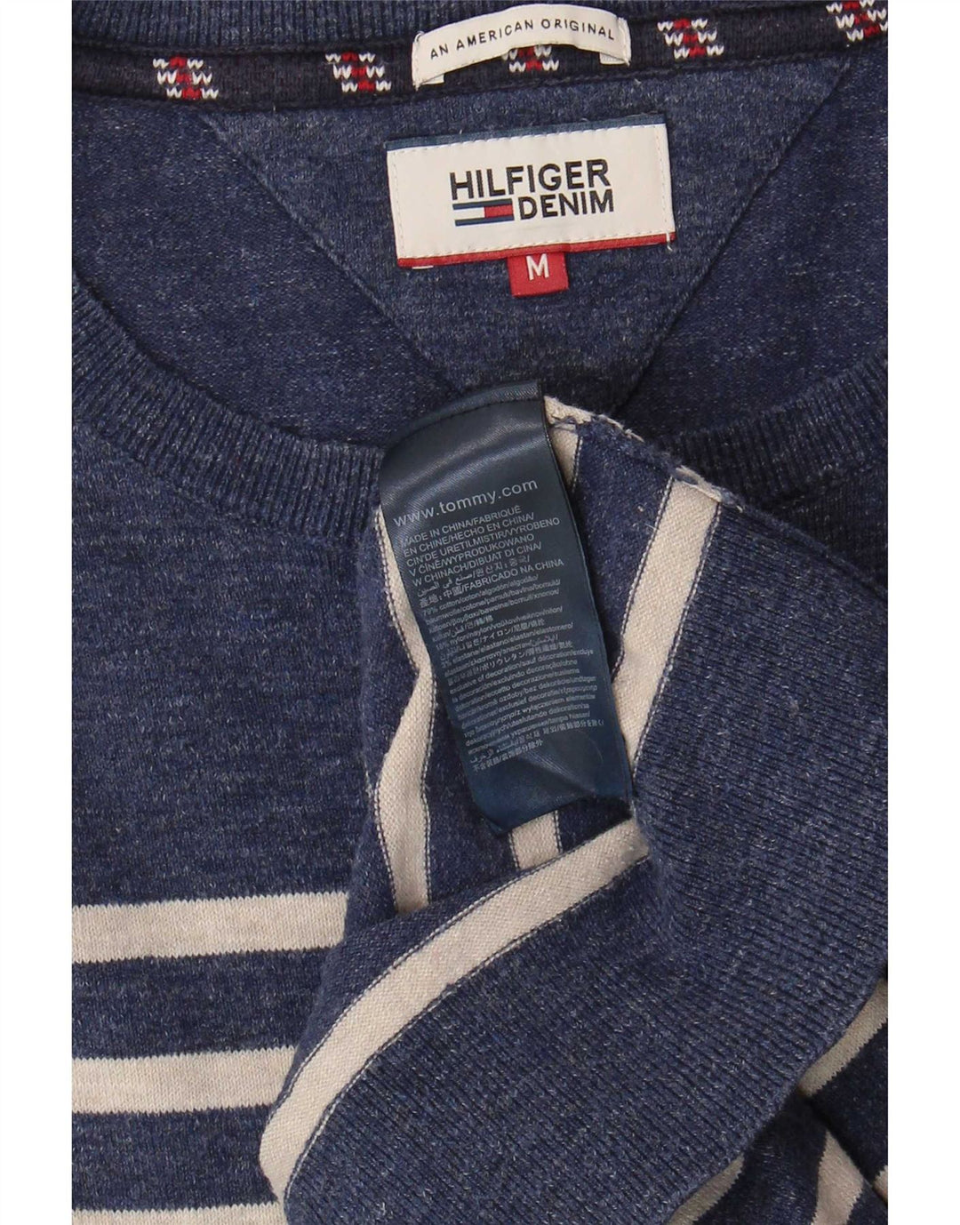 Tommy Hilfiger Mens Boat Neck Jumper Sweater Medium Navy Blue Striped