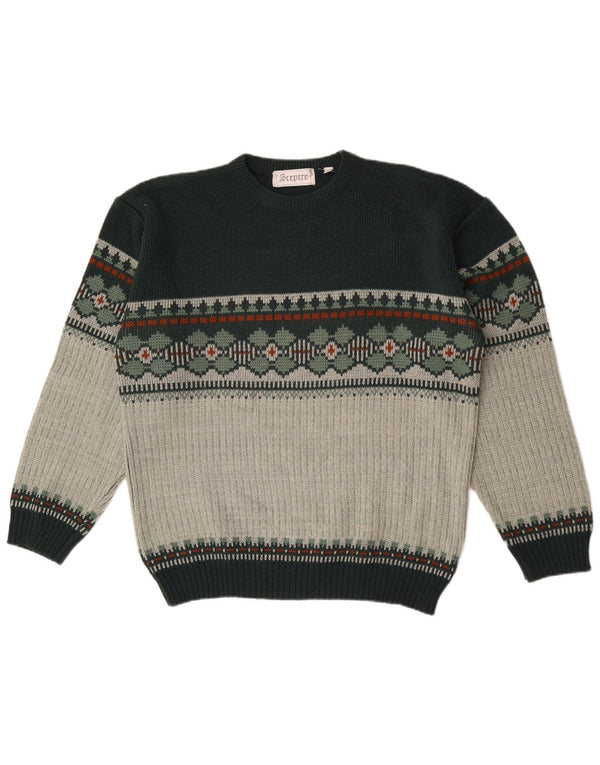 Vintage Mens Crew Neck Jumper Sweater Large Green Fair Isle Acrylic