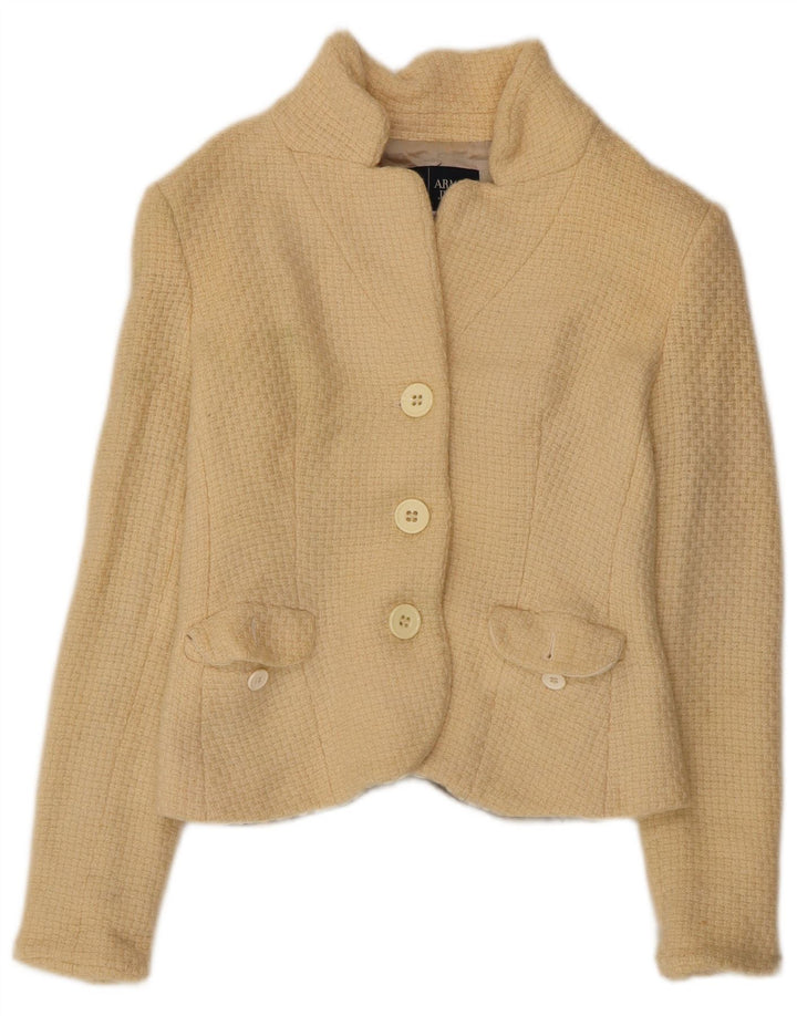 ARMANI JEANS Womens Crop 3 Button Blazer Jacket UK 12 Medium Beige Wool