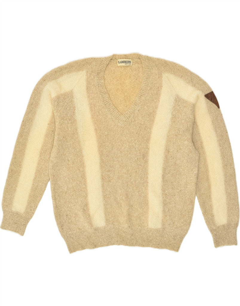 LAMBERS Mens V-Neck Jumper Sweater Medium Beige Colourblock Vintage Lambers and Second-Hand Lambers from Messina Hembry 