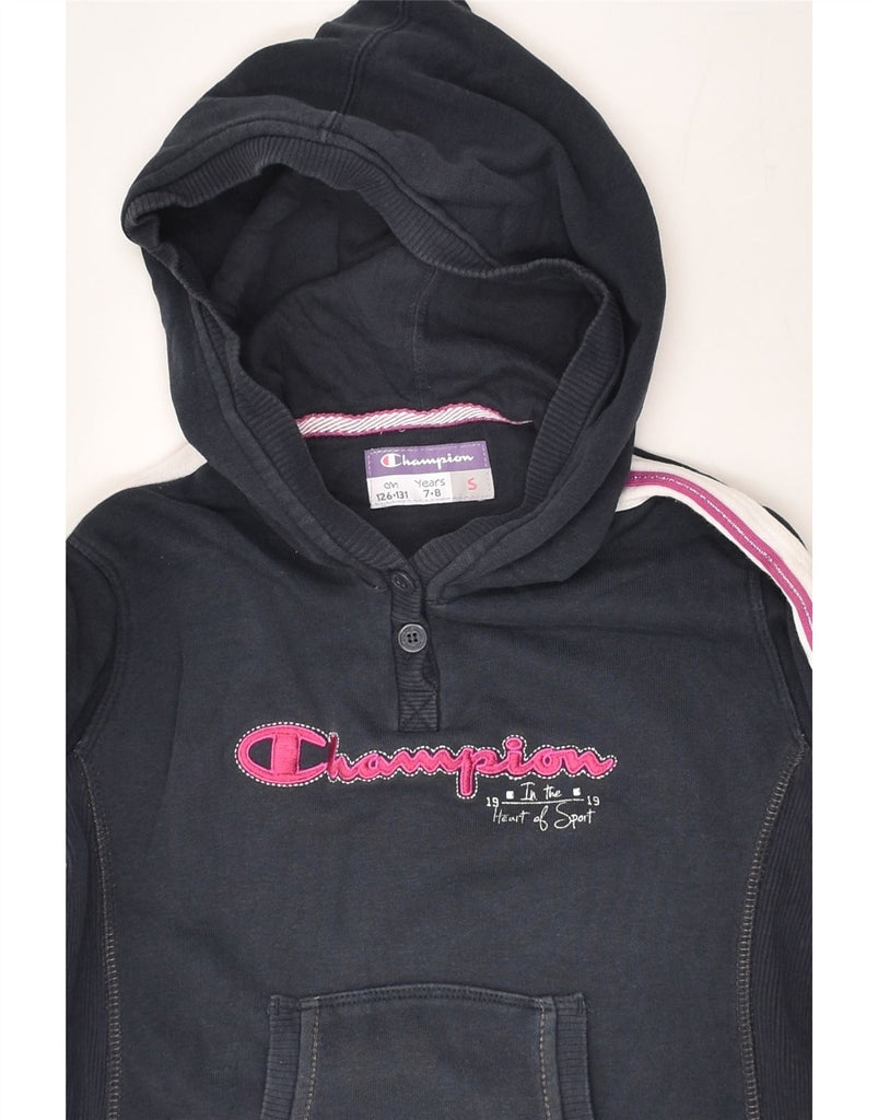 CHAMPION Girls Graphic Hoodie Jumper 7-8 Years Small Navy Blue Cotton | Vintage Champion | Thrift | Second-Hand Champion | Used Clothing | Messina Hembry 