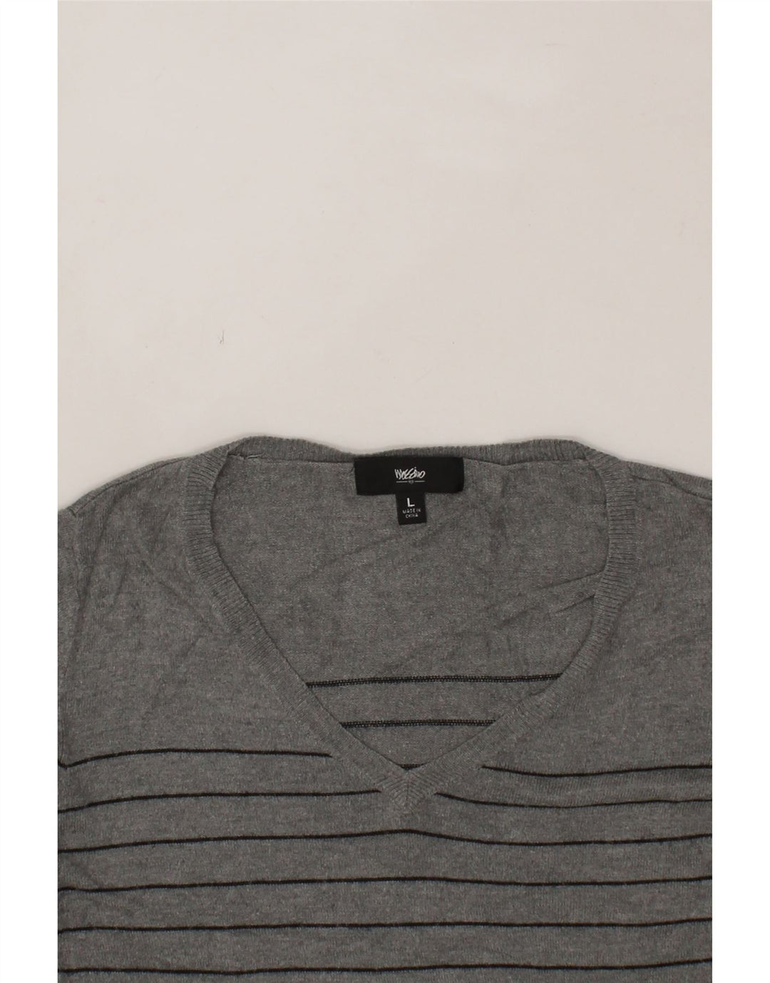 MOSSIMO Womens V-Neck Jumper Sweater UK 14 Large Grey Striped Nylon Vintage Mossimo and Second-Hand Mossimo from Messina Hembry 