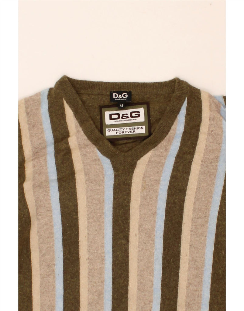 DOLCE & GABBANA Womens V-Neck Jumper Sweater UK 14 Medium Khaki Striped | Vintage Dolce & Gabbana | Thrift | Second-Hand Dolce & Gabbana | Used Clothing | Messina Hembry 