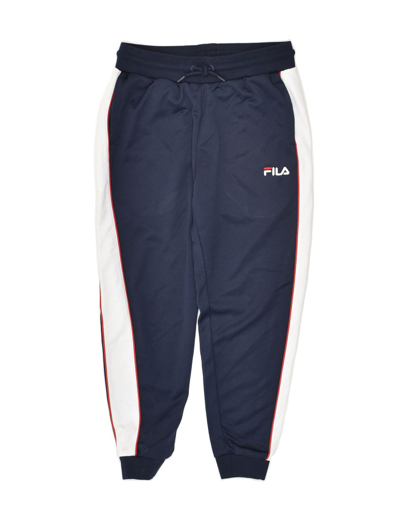 FILA Womens Graphic Tracksuit Trousers Joggers UK 14 Medium Navy Blue | Vintage Fila | Thrift | Second-Hand Fila | Used Clothing | Messina Hembry 