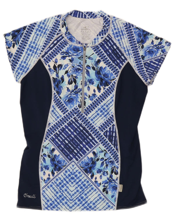 O'Neill Womens Zip Neck Graphic T-Shirt Top UK 14 Large Navy Blue Floral