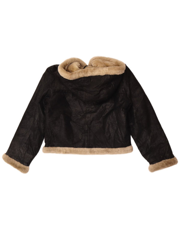 Esisto Womens Hooded Loose Fit Shearling Jacket UK 10 Small Black Leather