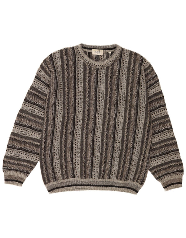 Nara Maglie Mens Regular Fit Crew Neck Jumper Sweater Large Grey Striped