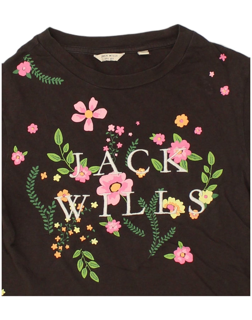 JACK WILLS Womens Graphic T-Shirt Top UK 6 XS Black Floral Cotton | Vintage Jack Wills | Thrift | Second-Hand Jack Wills | Used Clothing | Messina Hembry 