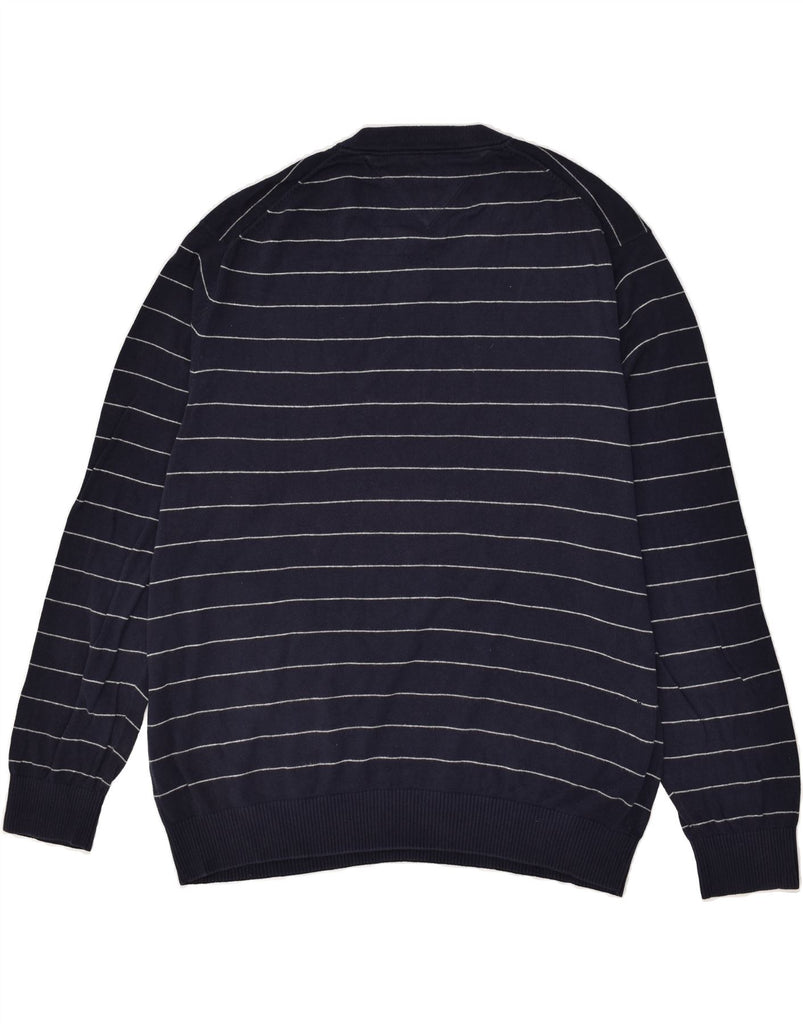 TOMMY HILFIGER Mens V-Neck Jumper Sweater XL Navy Blue Pinstripe Cotton | Vintage Tommy Hilfiger | Thrift | Second-Hand Tommy Hilfiger | Used Clothing | Messina Hembry 