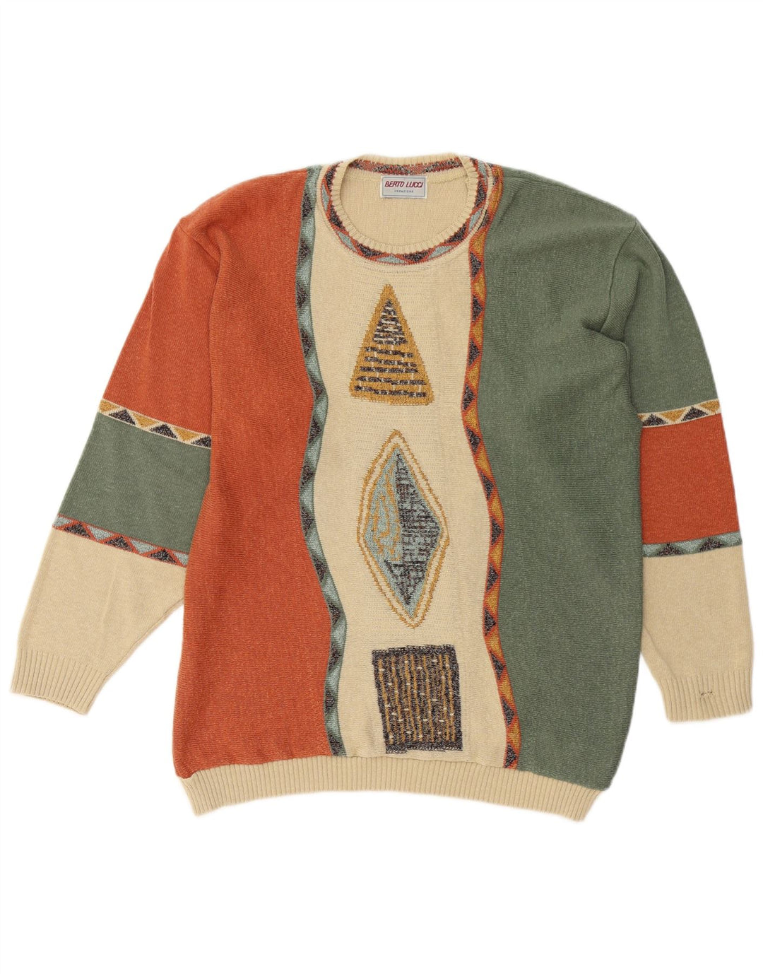 BERTO LUCCI Mens Crew Neck Jumper Sweater Large Multicoloured Geometric