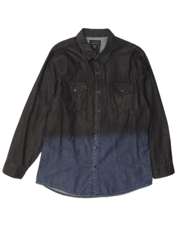 Guess Mens Slim Fit Denim Shirt UK 40 Medium Grey Colourblock Cotton