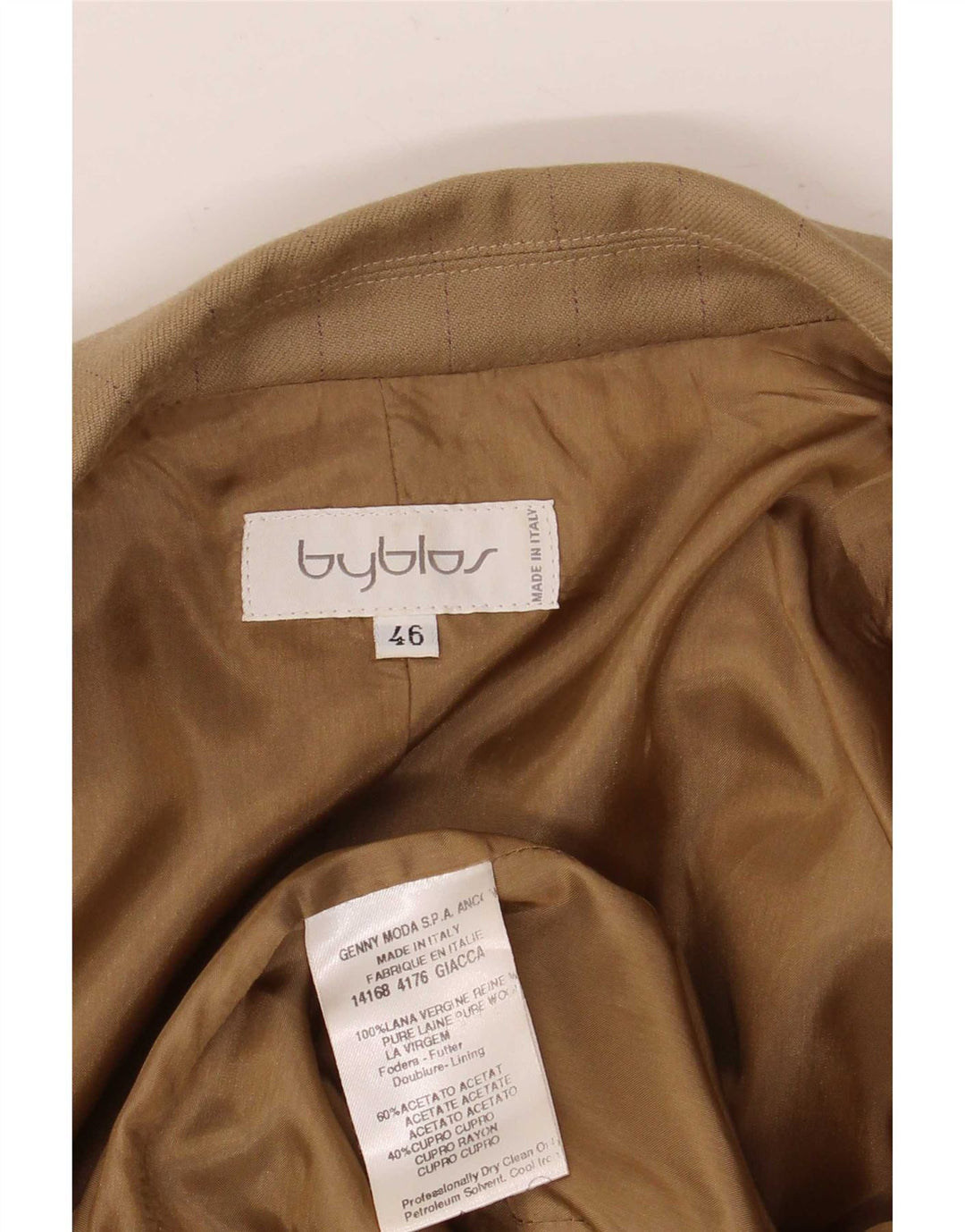 Byblos Womens 3 Button 2 Piece Suit IT 46 Large W36 L27 Khaki Pinstripe