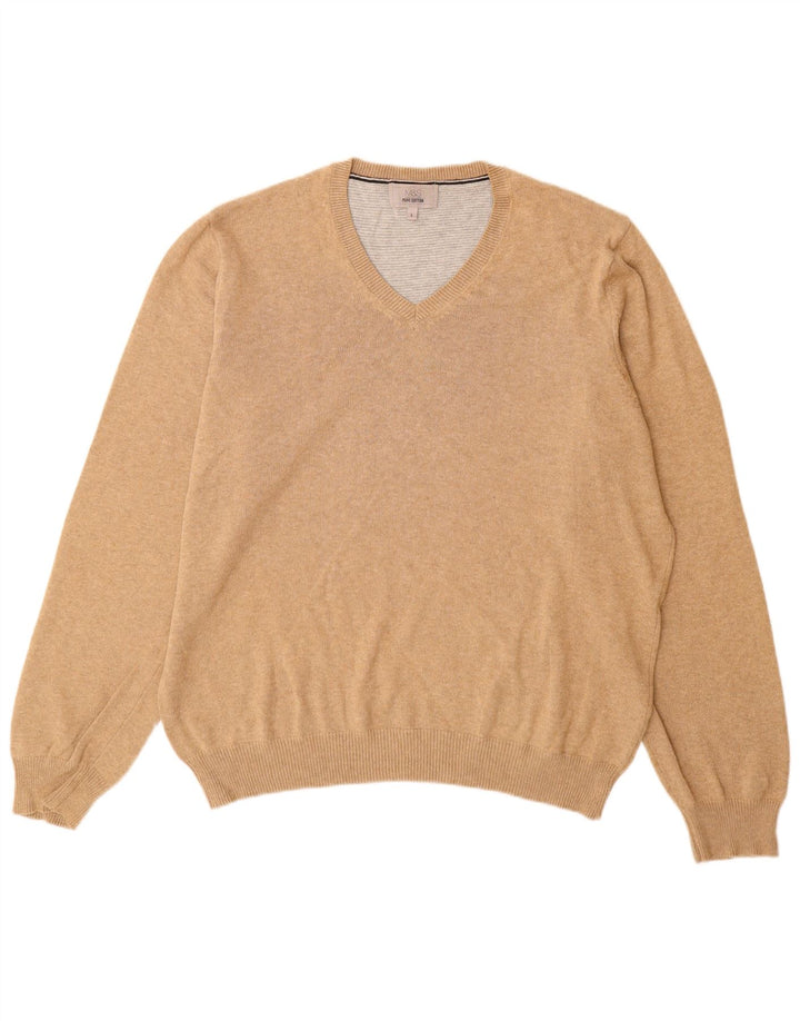 Marks & Spencer Mens V-Neck Jumper Sweater Large Beige Cotton