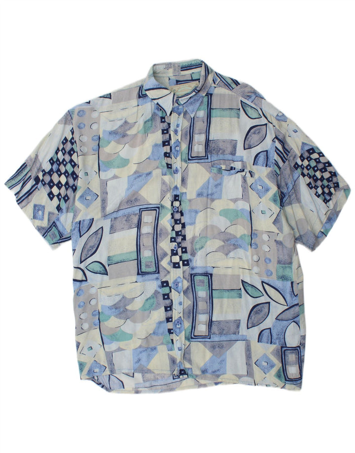 Boston Mens Short Sleeve Shirt Large Blue Geometric Viscose