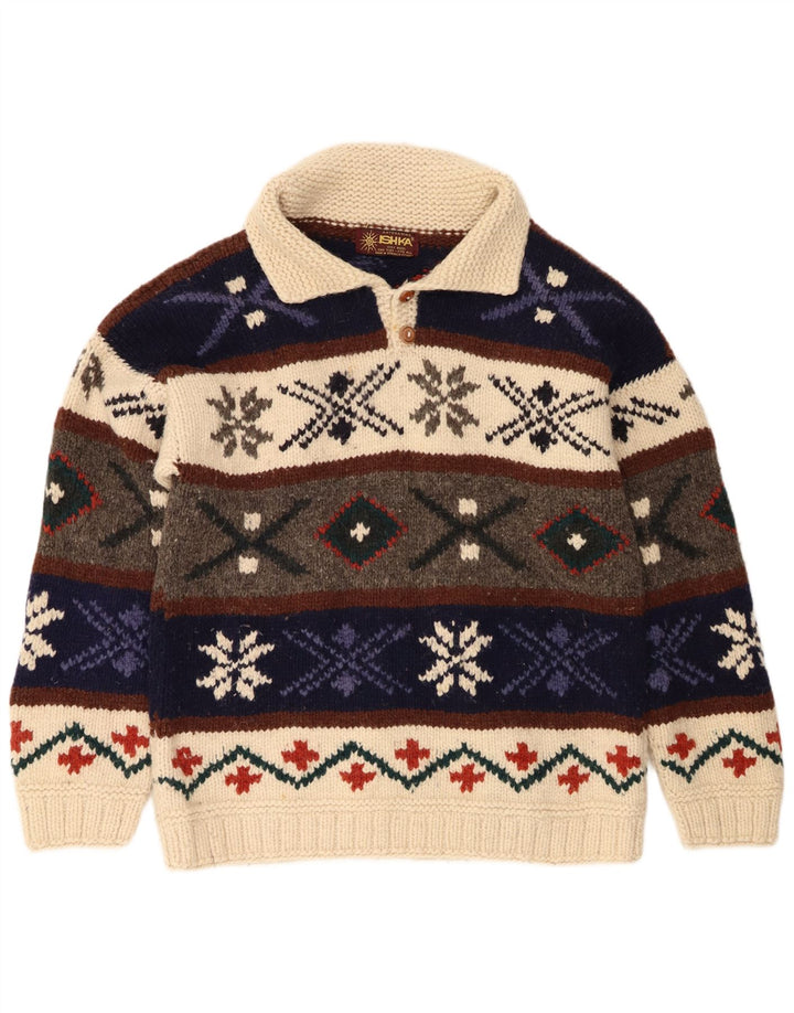 Ishka Mens Polo Neck Jumper Sweater One Size Multicoloured Fair Isle Wool