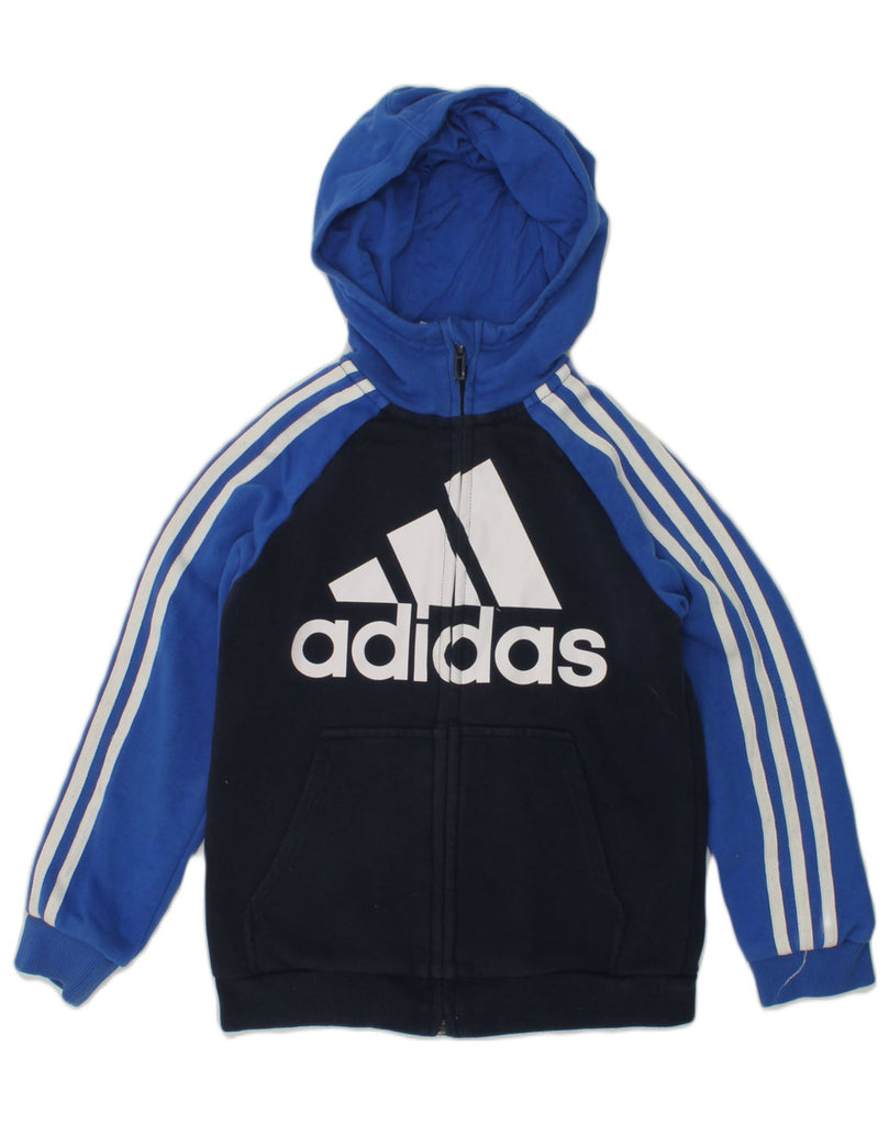 ADIDAS Boys Graphic Zip Hoodie Sweater 7-8 Years Navy Blue Colourblock | Vintage Adidas | Thrift | Second-Hand Adidas | Used Clothing | Messina Hembry 