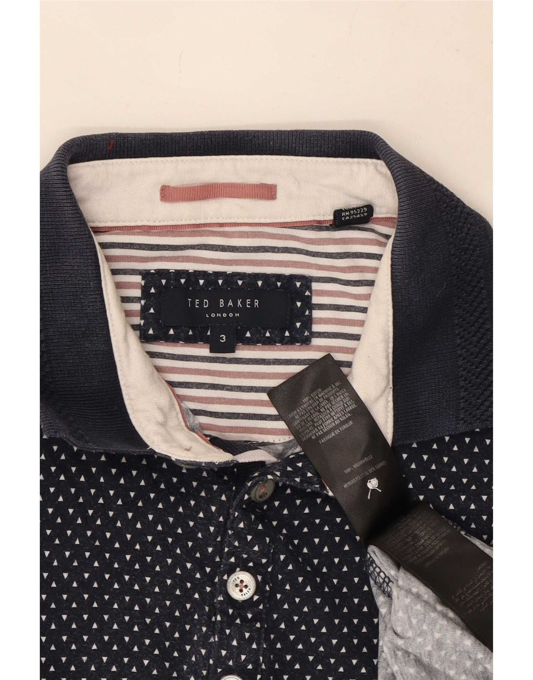 Ted Baker Mens Polo Shirt Size 3 Medium Navy Blue Spotted Cotton