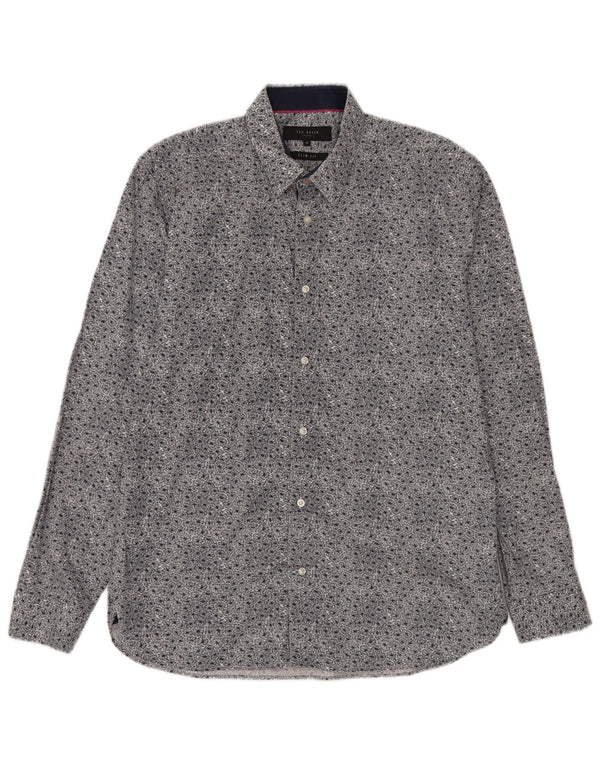 Ted Baker Mens Slim Fit Shirt Size 16 Large Navy Blue Floral Cotton