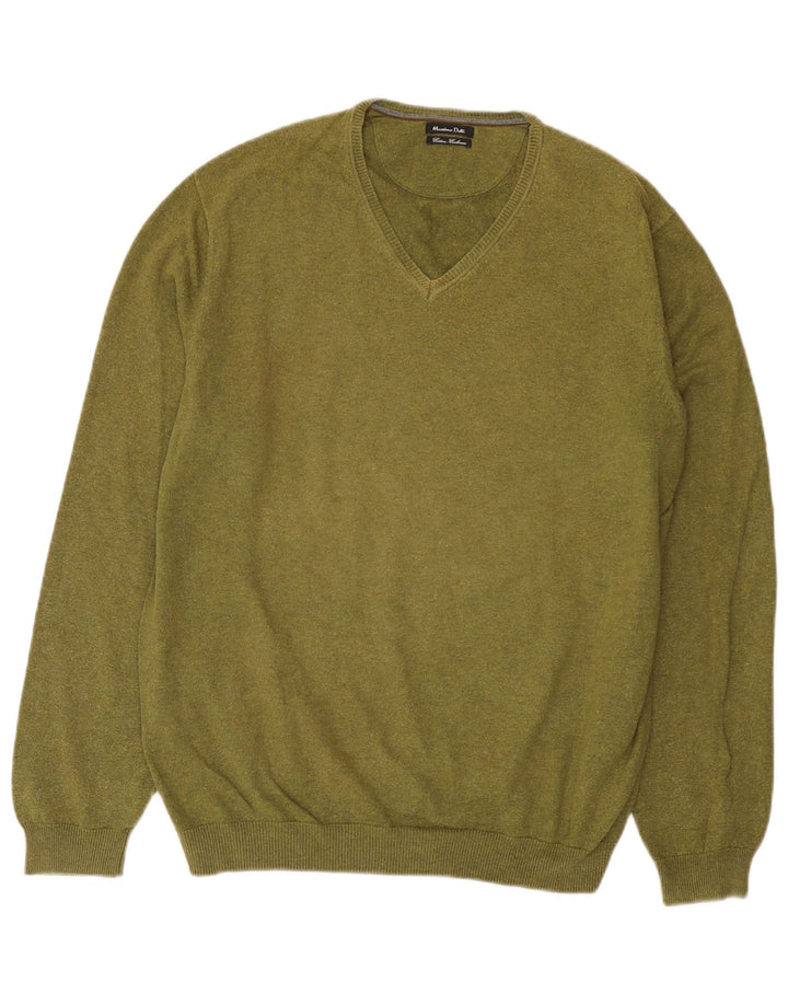 Massimo Dutti Mens V-Neck Jumper Sweater XL Khaki Cotton