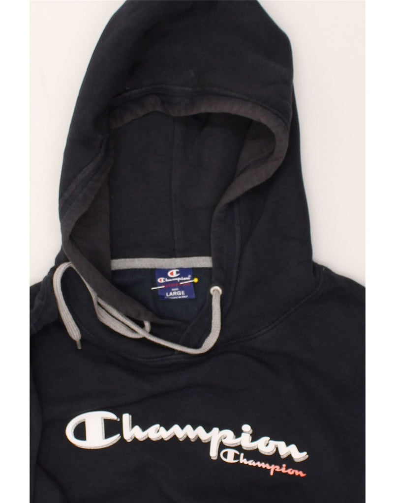 CHAMPION Womens Graphic Hoodie Jumper UK 14 Large Navy Blue Cotton | Vintage Champion | Thrift | Second-Hand Champion | Used Clothing | Messina Hembry 