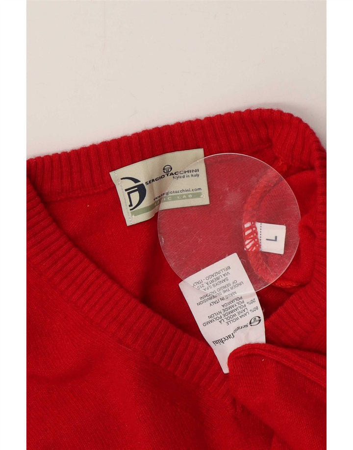 Sergio Tacchini Mens V-Neck Jumper Sweater Large Red Wool