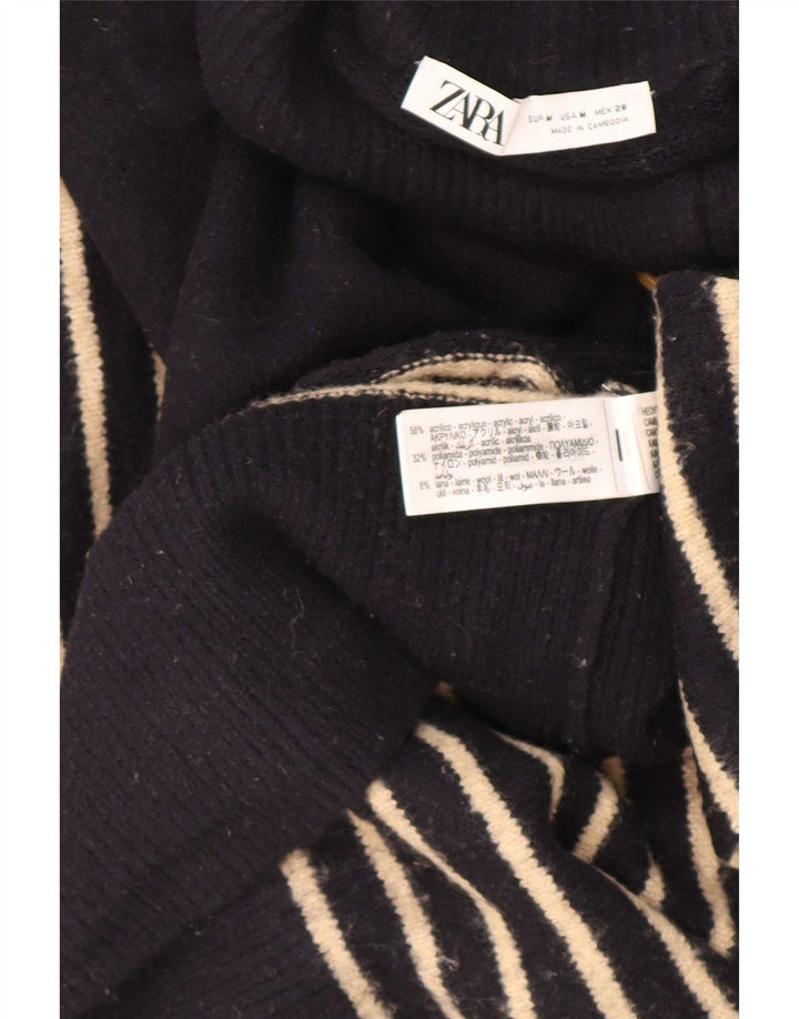 Zara Womens Button Neck Jumper Sweater UK 14 Medium Navy Blue Striped