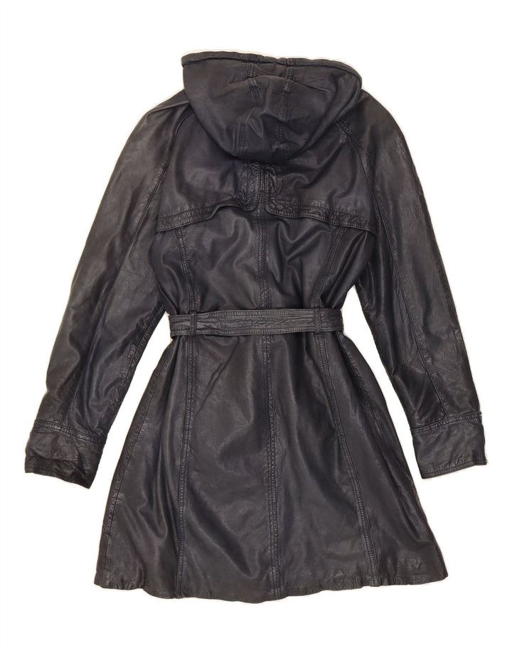 MAZE Womens Hooded Leather Coat UK 14 Large Navy Blue Leather Vintage Maze and Second-Hand Maze from Messina Hembry 