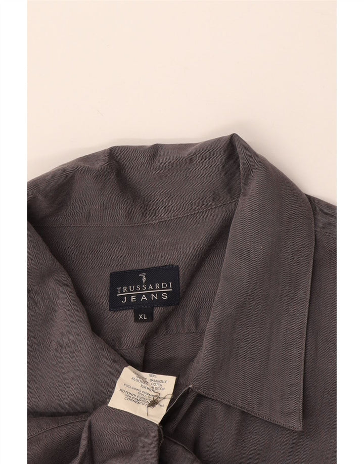 Trussardi Mens Short Sleeve Shirt XL Grey Herringbone Cotton