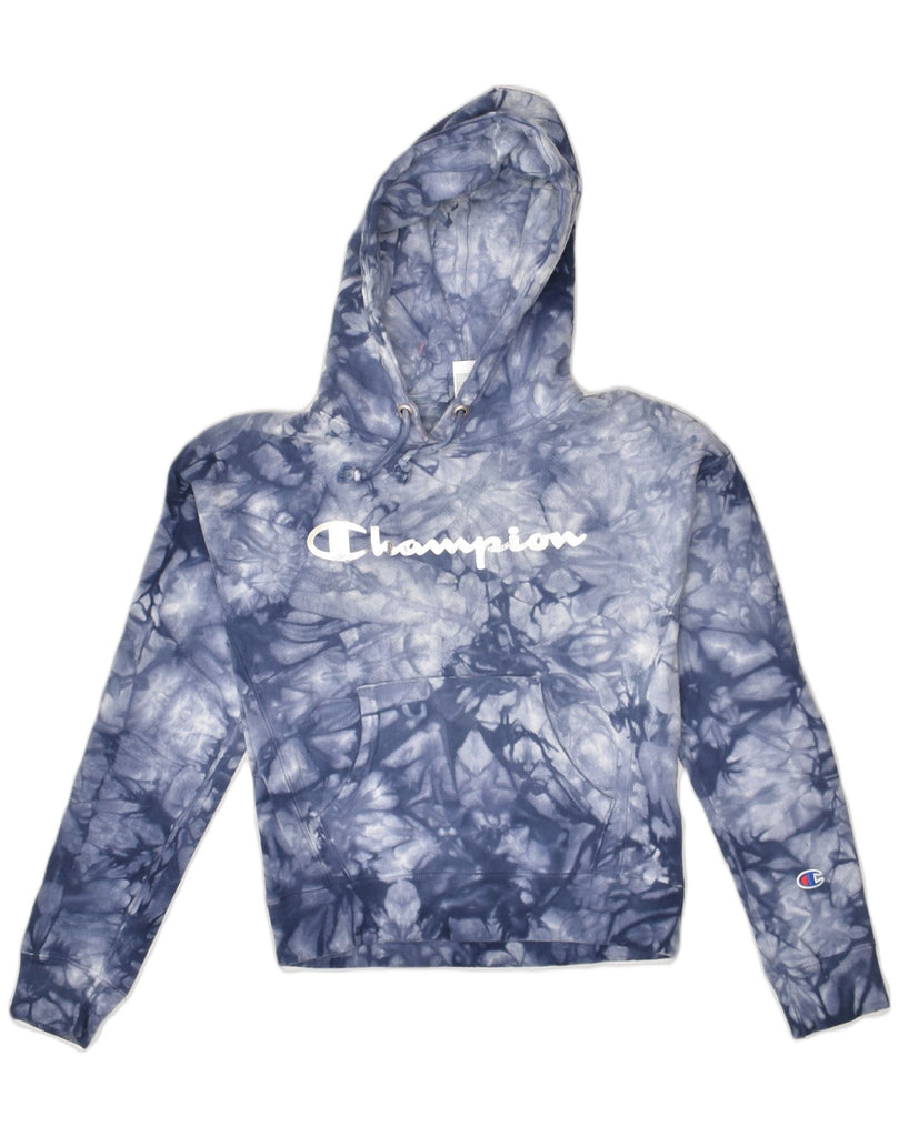 CHAMPION Womens Graphic Hoodie Jumper UK 6 XS Blue Tie Dye Cotton | Vintage Champion | Thrift | Second-Hand Champion | Used Clothing | Messina Hembry 