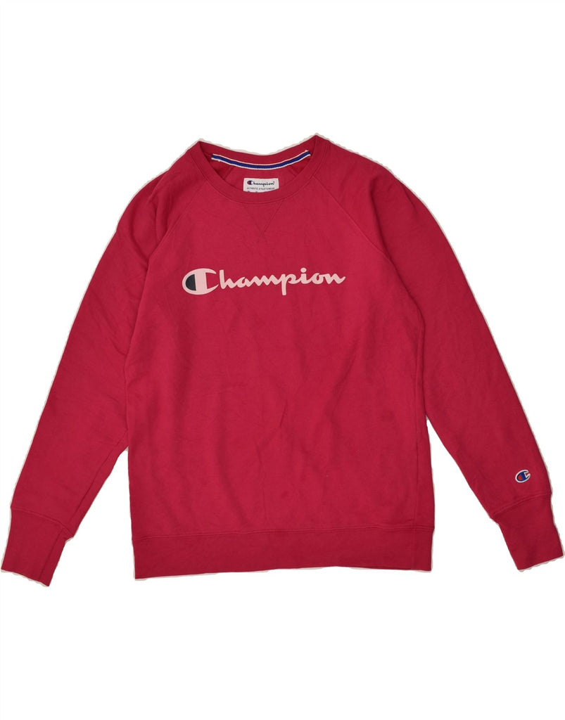 CHAMPION Womens Graphic Sweatshirt Jumper UK 16 Large Pink Polyester | Vintage Champion | Thrift | Second-Hand Champion | Used Clothing | Messina Hembry 